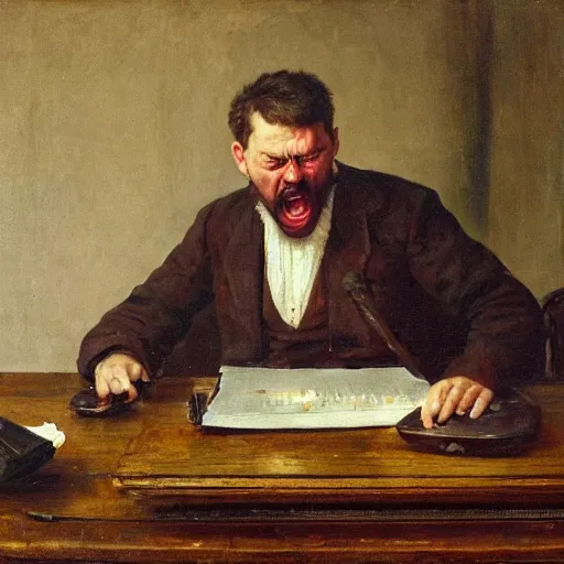 Image similar to an angry man yells at his computer monitor, oil on canvas, 1 8 8 3, highly detailed