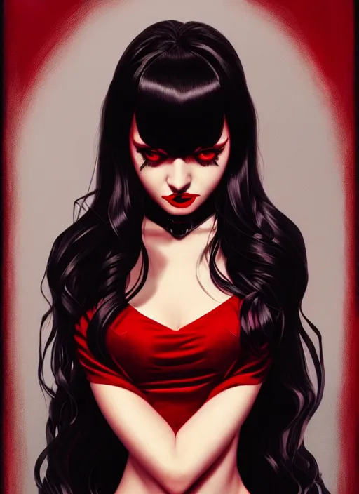 Image similar to portrait of vampire veronica lodge with bangs, vampire fangs, vampire, long hair, red clothes, bangs, vampironica, intricate, elegant, glowing lights, highly detailed, digital painting, artstation, concept art, smooth, sharp focus, illustration, art by wlop, mars ravelo and greg rutkowski