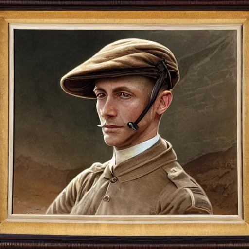 Prompt: a detailed photorealistic sepia - toned color portrait painting of a 1 9 1 7 worried clean - shaven british lieutenant in detailed field gear wearing a finely - detailed pith helmet in wadi rum, ultra realistic, intricate details, lovecraft, atmospheric, dark, horror, brooding, highly detailed, by clyde caldwell