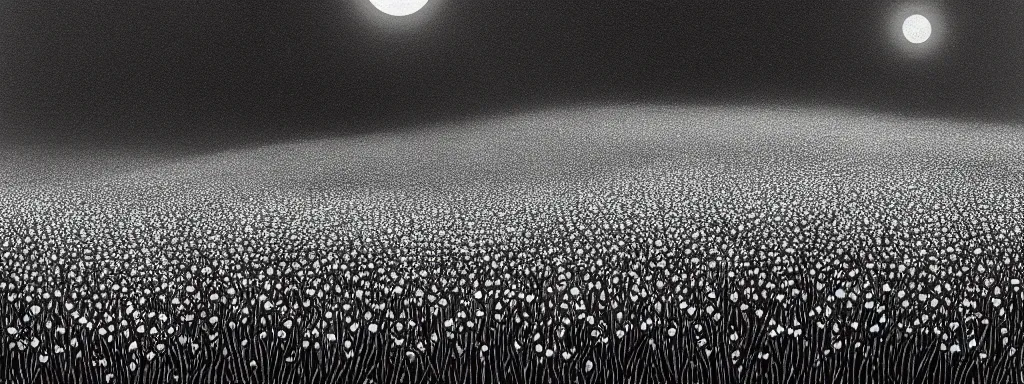 Image similar to A serene flower field at night by Kentaro Miura, highly detailed, black and white