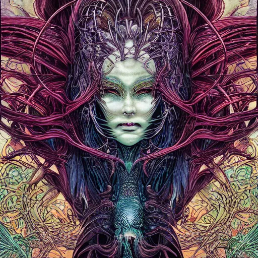 Image similar to portrait of crazy mermaid, symmetrical, by yoichi hatakenaka, masamune shirow, josan gonzales and dan mumford, ayami kojima, takato yamamoto, barclay shaw, karol bak, yukito kishiro