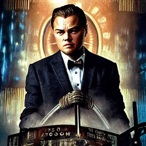 Prompt: movie poster depicting andrew ryan, portrayed by leonardo dicaprio, in a new live - action bioshock movie premiering on netflix