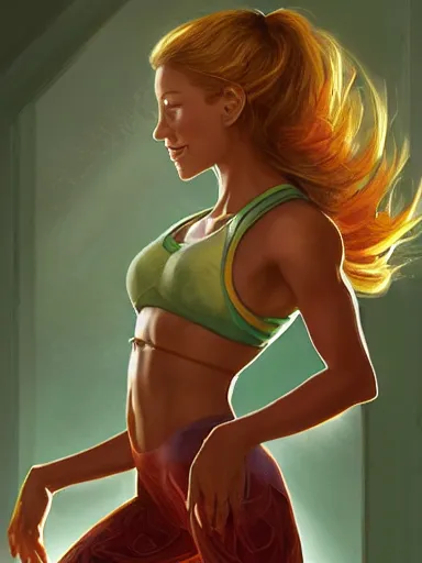 Image similar to a beautiful happy wearing yoga pans at the gym. smiling popular girl. aractive, energetic, cherful. intricate, elegant, highly detailed, digital painting, artstation, cinematic shot, concept art, sharp focus, illustration, by justin gerard and artgerm 8 k