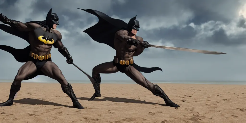 Prompt: batman performing kalaripayattu holding a sword on a beach, cinematic, color graded, volumetric lighting, octane render, ultra realistic