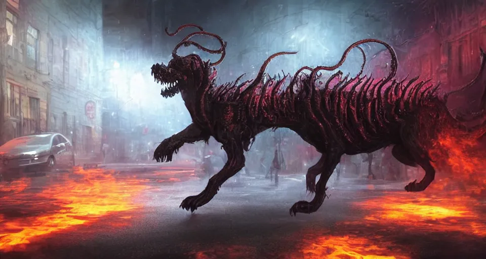 Image similar to Close-up Photograph of a lovecraftian demon hound exiting out of an interdimensional portal to hell, in the middle of a busy city street, by Andreas Rocha and John Howe, wide long view, f/11 aperture, unreal engine, deviant art, flickr, artstation, octane render, textured, colorful, hyperrealistic, physically based rendering, pbr render, very detailed, volumetric lighting, octane render, 4k, cinematic, 8k resolution,