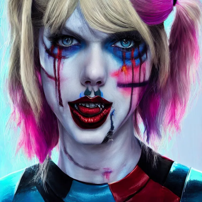 Image similar to portrait of Taylor Swift as a harley quinn in Suicide Squad. intricate abstract. intricate artwork. by Tooth Wu, wlop, beeple, dan mumford. octane render, trending on artstation, greg rutkowski very coherent symmetrical artwork. cinematic, hyper realism, high detail, octane render, 8k, iridescent accents