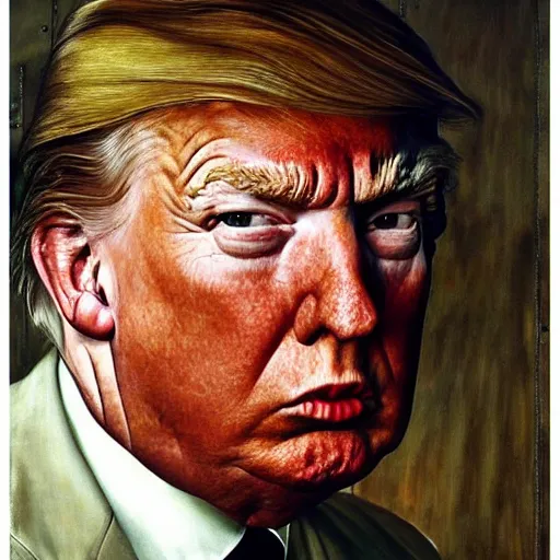 Prompt: high quality high detail painting by norman rockwell and lucian freud, hd, portrait of donald trump, intense demonic look in the eyes, photorealistic lighting