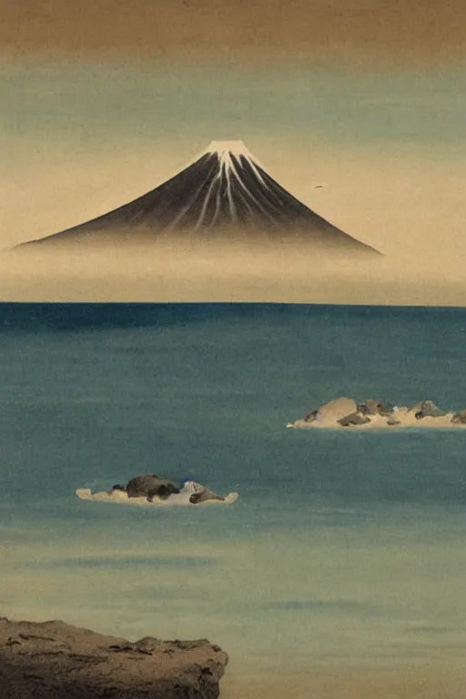 Image similar to seascape in the style of ancient japanese masters, on the shore a giant nose in the shape of mount fuji sniffing the sand in, dali