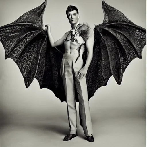 Prompt: a man with dragon wings, large format film fashion photograph by richard avedon