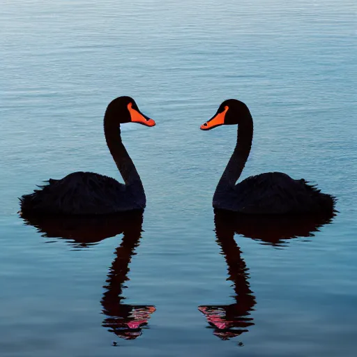 Image similar to photo of two black swans touching heads in a beautiful reflective mountain lake, a colorful hot air balloon is flying above reflecting off water, hot air balloon, intricate, 8k highly professionally detailed, centered, HDR, CGsociety
