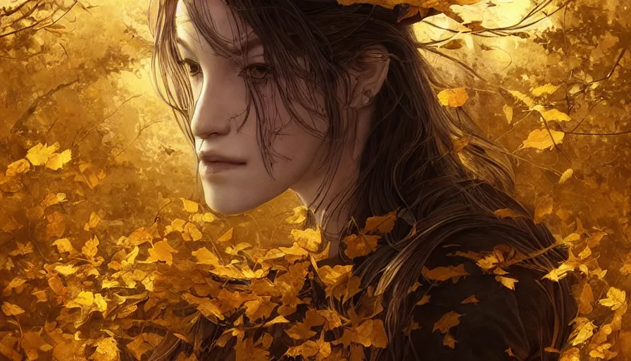 Image similar to golden leaves at frame border, creative!!! composition for a book cover!!!, absurdly beautiful, ultrafine hyperrealistic detailed old!! witch face by wlop and artgerm and greg rutkowski, intricate linework, sharp focus, smooth, octopath traveler, final fantasy, unreal engine, dramatic lighting, ethereal, 8 k