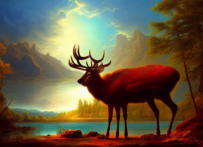 Image similar to a red deer by a lake on an alien planet, digital art, soft colors, detailed, artstation, clouds, blue, deviant art, by frederic edwin church, by tyler edlin