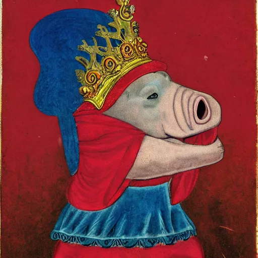 Image similar to a humanoid pig in red king robes wearing a crown holding a blue axe