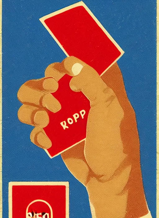 Image similar to a hand holding a red card, russian matchbox label style, propaganda,