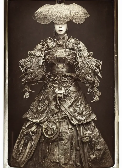 Prompt: old wetplate daguerreotype frame portrait of a futuristic silver armored dictator geisha district 9 cyborg, fractal, intricate, elegant, highly detailed, subsurface scattering, by jheronimus bosch and greg rutkowski and louis jacques mande daguerre