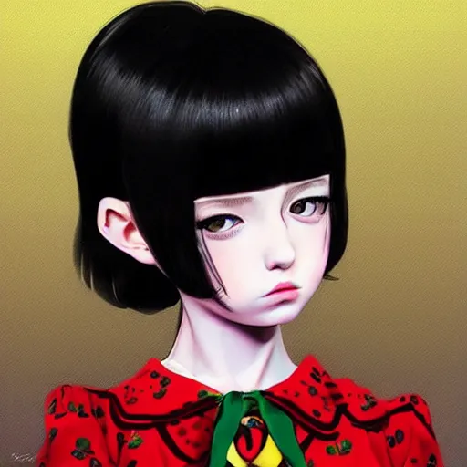 Prompt: little girl wearing an gucci's outfit. art by ilya kuvshinov, profile picture, inspired by hirohiko araki, highly detailed, 8 0 s anime art style, realistic, vogue cover