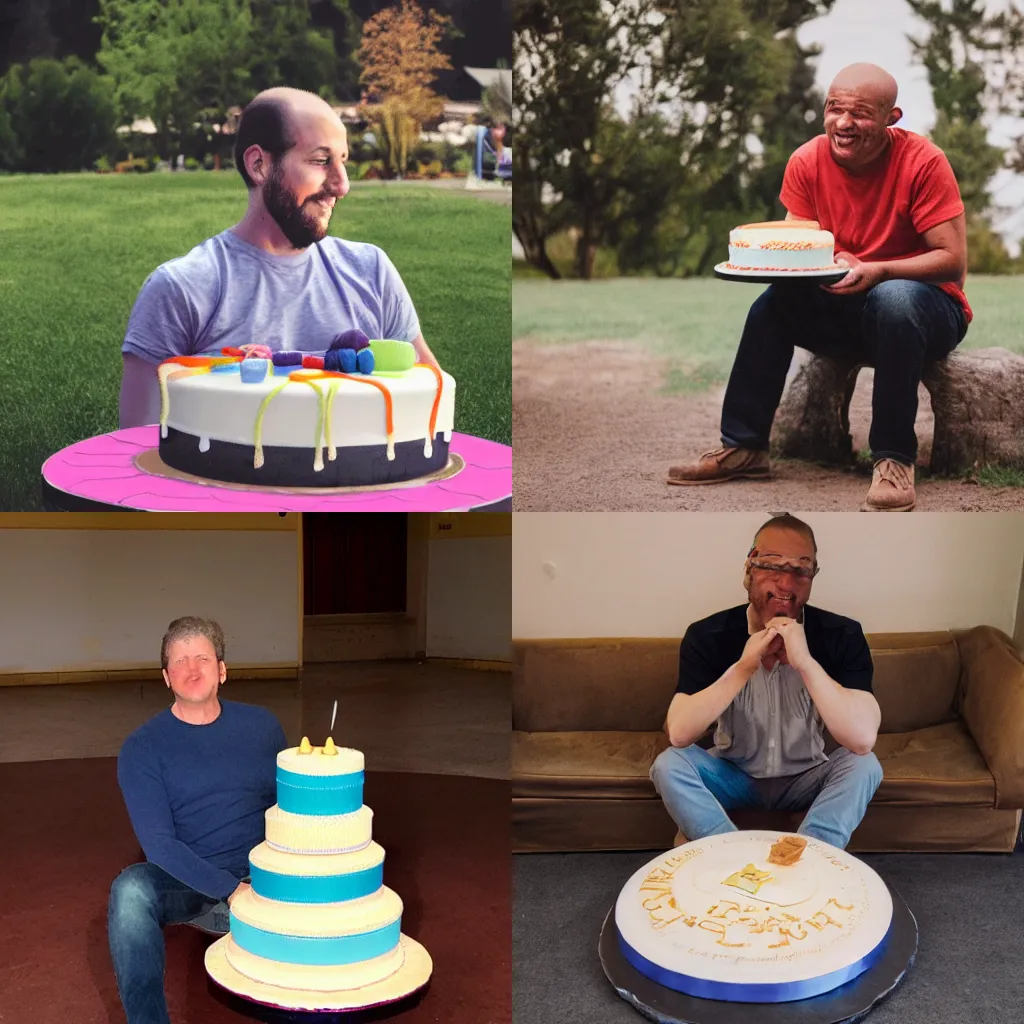 Prompt: a man sitting on a giant cake