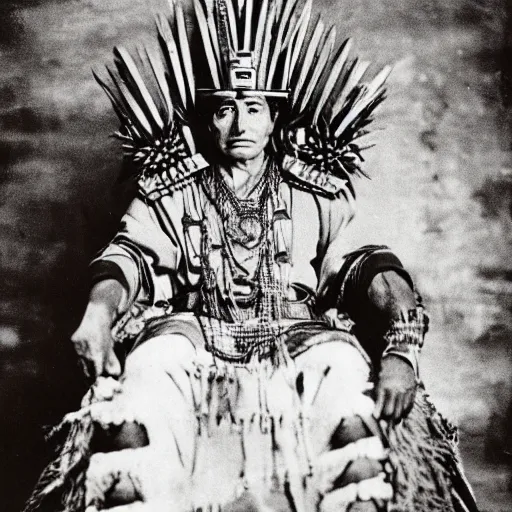 Prompt: vintage photo of an aztec king on his throne by edward s curtis, photo journalism, photography, cinematic, national geographic photoshoot