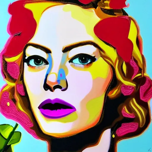 Prompt: detailed oil painting of emma stone in detail with flowers by james jean, by andy warhol