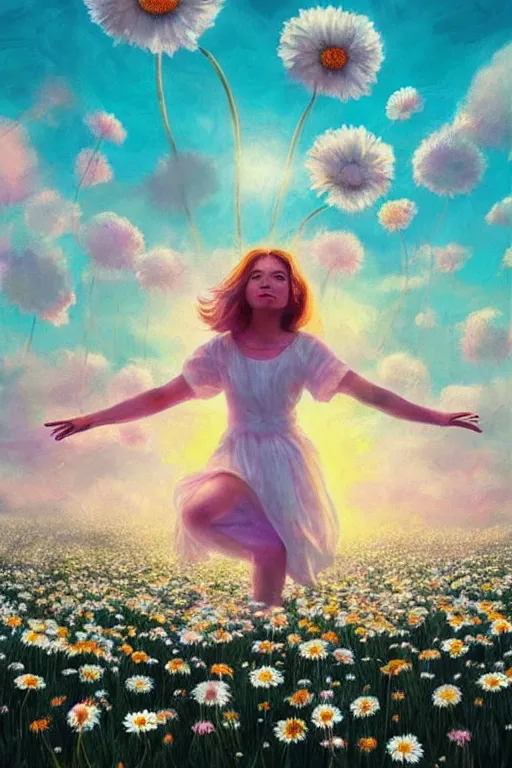 Prompt: large white daisy flower as head, girl dancing in a flower field, surreal photography, sunrise, dramatic light, impressionist painting, colorful clouds, digital painting, artstation, simon stalenhag