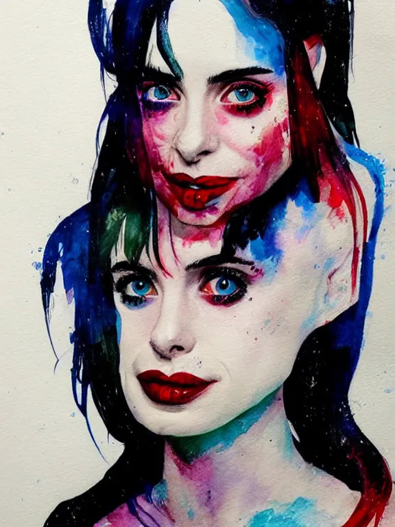 Image similar to portrait of a young krysten ritter as harley quinn, closing her eyes, aquarelle, realistic painting, freckles, 1 / 4 headshot