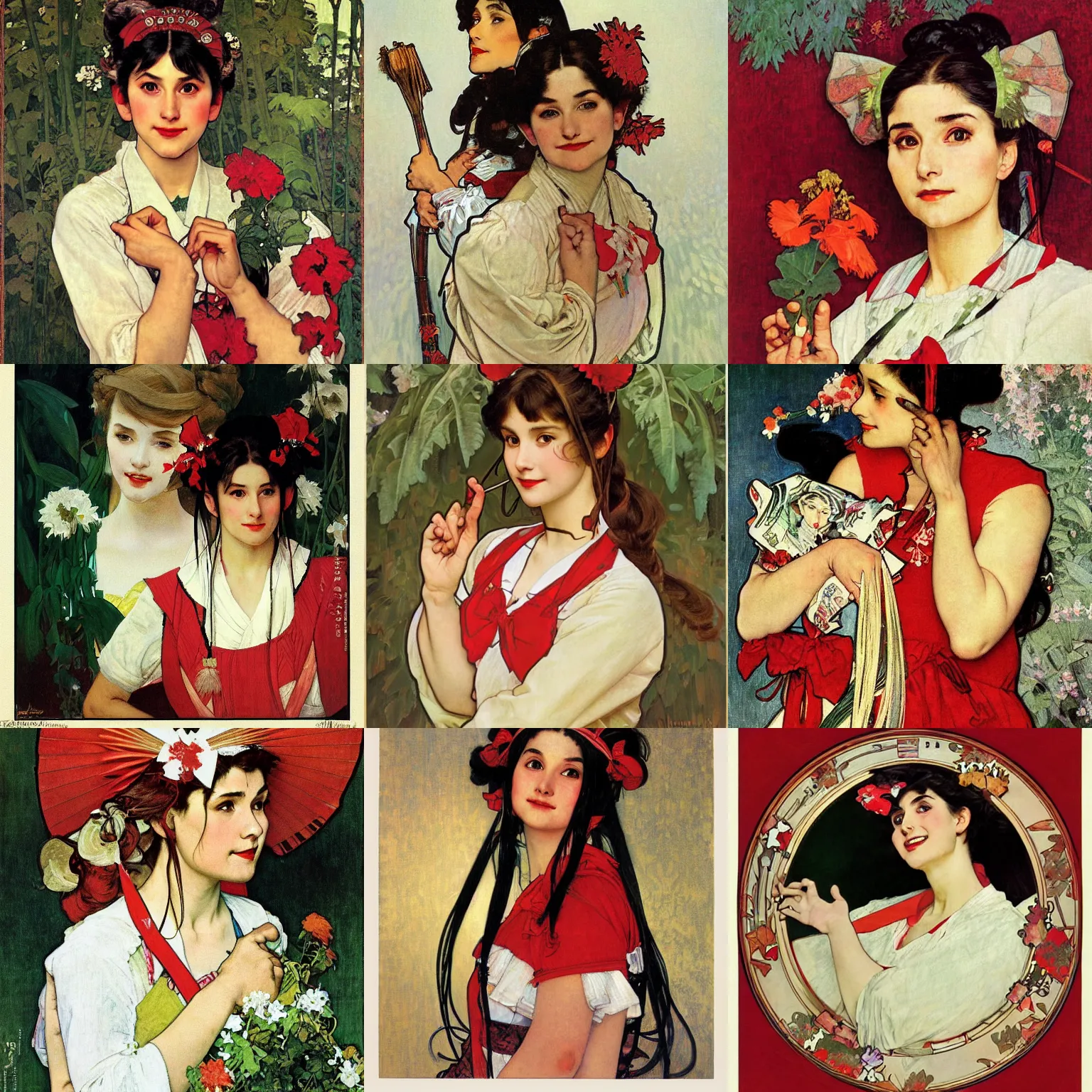 Prompt: a masterpiece portrait painting of reimu hakurei, by norman rockwell and alphonse mucha