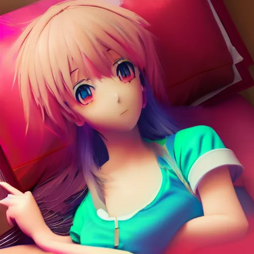 Image similar to advanced 3 d render digital anime art!!, gamer girl in bedroom sleeping on desk!!, rainbow eyes, rainbow hair, iterations = 5 0 0 0, trending on pixiv, artstation, deviantart, sakimimichan, artgerm