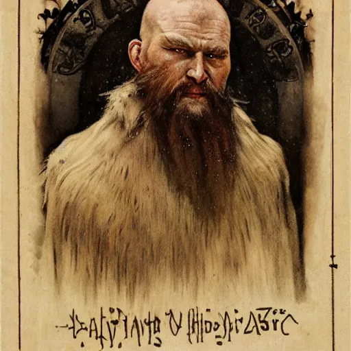 Prompt: portrait of bald, elderly Slavic Viking priest wearing thick furs and standing tall in the blizzard, with fading tattoos covering every inch of exposed skin, portrait by Anato Finnstark, Alphonse Mucha, and Greg Rutkowski