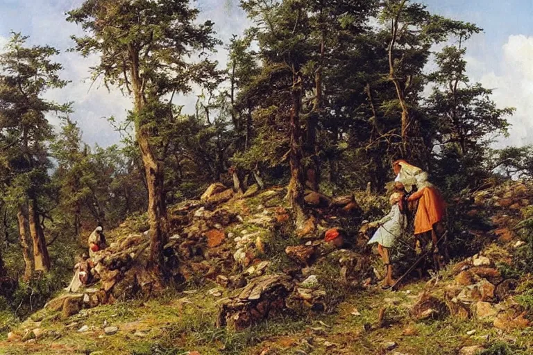 Prompt: Meeting of the Walking Castle and the Hut on Chicken Legs, Shishkin