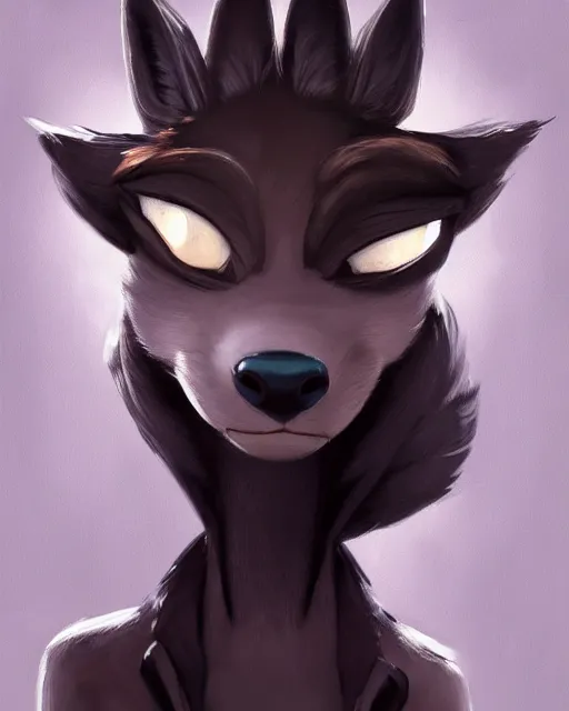 Prompt: oil painting of anthromorphic female wolf, in style of cory loftis, fursona, furry, furaffinity, 4 k, deviantart, furry art, fursona art, wearing black business suit, business suit, in style of zootopia, wolf fursona, cyberpunk, female, very very very expressive detailed feminine face,