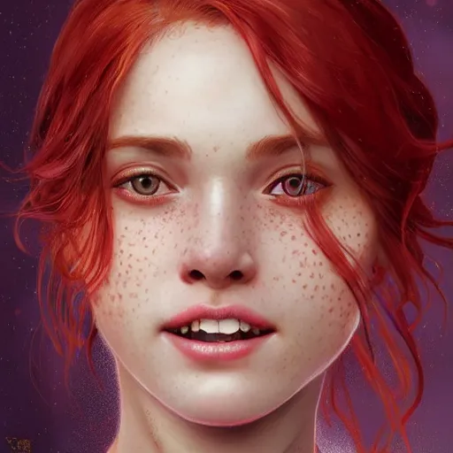 Image similar to close up portrait of a beautiful smiling girl with red hair and freckles, happy intricate, elegant. highly detailed, digital painting, artstation, concept art, smooth, sharp, focus, illustration. background is purple, art by artgerm and greg rutkowski and alphonse mucha,