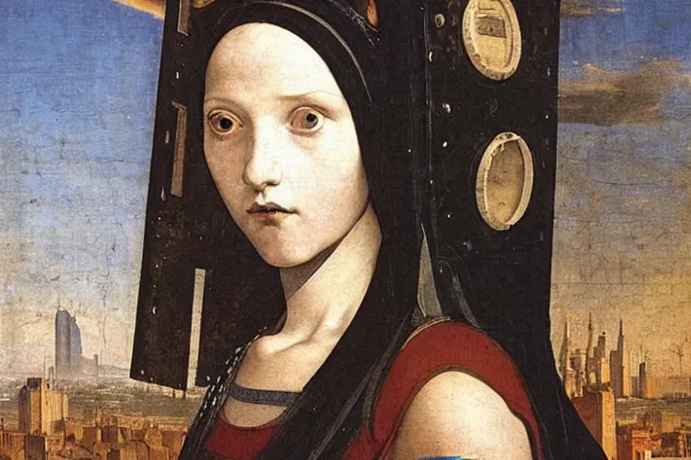 Prompt: close up portrait of a punk goth girl with blu hair in a cyberpunk futuristic city, oil painting by canaletto hieronymus bosh leonardo da vinci piero della francesca