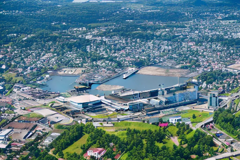 Image similar to bird's eye view photography of a small city. town hall, central farm, monorail station, inlet and shipping dock. hills, woods and pond to the north.