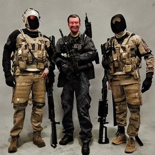 Image similar to “ seal team uniformed founding fathers, posing for an awarding winning photo of osama bin ladin, ultra realist, tactical gear, cyber punk ”