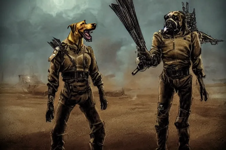 Image similar to a good ol'hound dog fursona ( from the furry fandom ), heavily armed and armored facing down armageddon in a dark and gritty version from the makers of mad max : fury road. witness me.