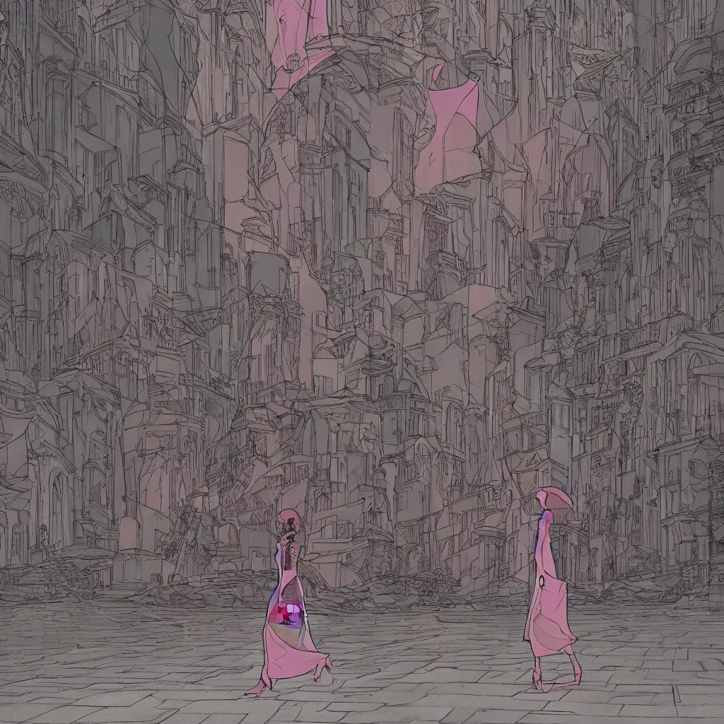 Image similar to an elegant full-length moebius-style woman walks through a surreal city