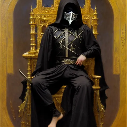 Image similar to full body portrait of masked king in black gothic robes sitting on a throne of swords, elegant, highly detailed painting by gaston bussiere, craig mullins, j. c. leyendecker, 8 k, mid shot