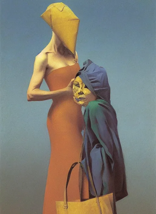 Image similar to woman with a paper bag over the head and a sward Edward Hopper and James Gilleard, Zdzislaw Beksinski, Steven Outram highly detailed