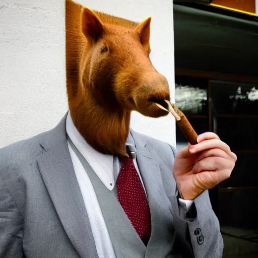 Image similar to smoking cigar, a man wearing a suit capybara head (smoking cigar)