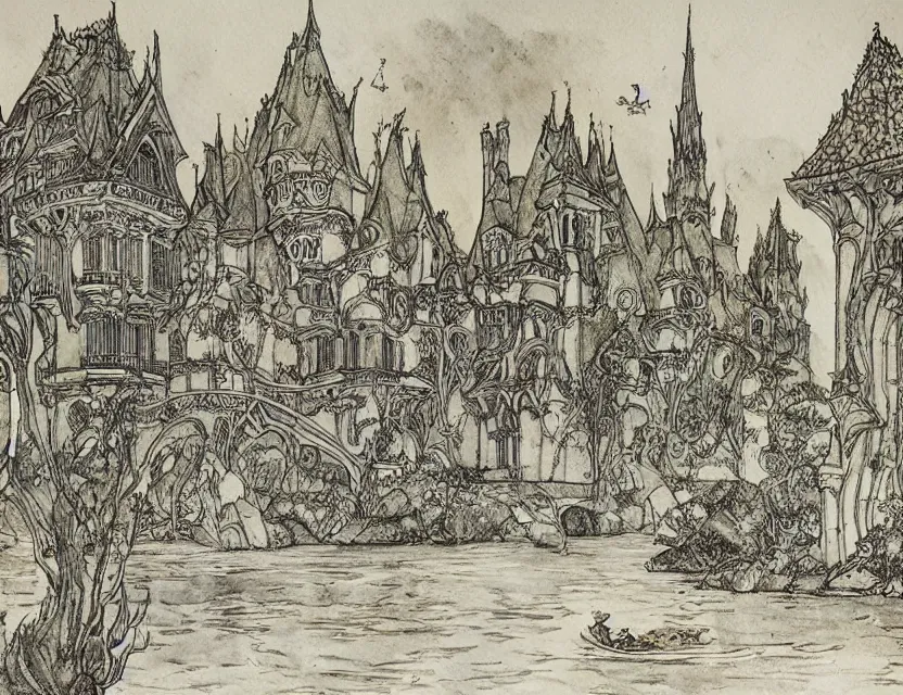 Image similar to a detailed, intricate watercolor and ink illustration with fine lines of the view from the river of an art nouveau castle, by arthur rackham and edmund dulac and lisbeth zwerger