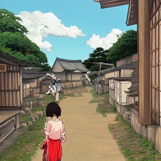 Prompt: an anime painting of a girl waking in a Japanese village, short buildings and paddy fields, by Studio Ghibli, trending on artstation