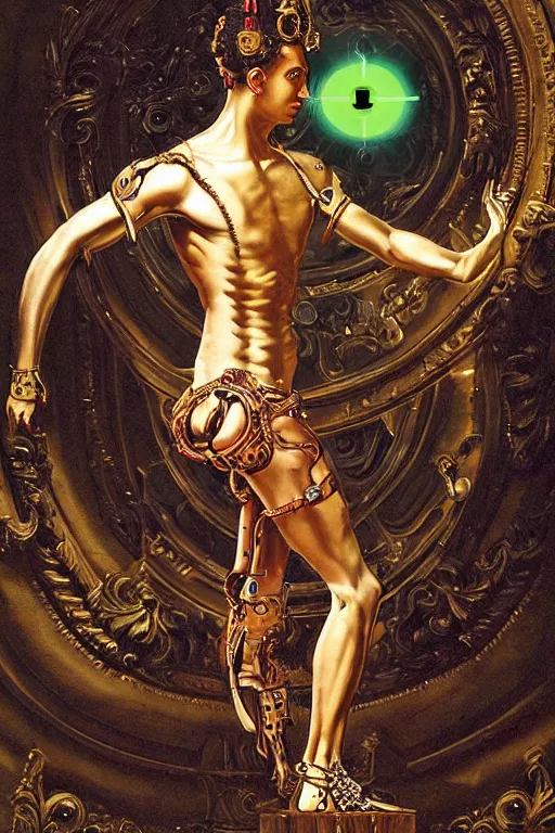 Prompt: full-body bladerunner neon rococo style sculpture of a young handsome Spanish prince as a half cibernetic android with a chest opening exposing circuitry and electric sparks, glowing laser beam eyes, crown of giant diamonds, flowing neon-colored silk, fabric, raptors. baroque elements. full-length view. baroque element. intricate artwork by caravaggio. many many birds birds on background. Trending on artstation, octane render, cinematic lighting from the right, hyper realism, octane render, 8k, depth of field, 3D
