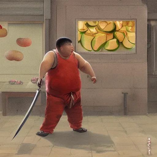 Image similar to a chinese fat guy being stabbed by a long blade in a melon stall.digital art,trending on artstation.