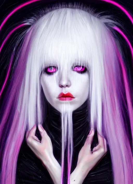 Image similar to hair whitebangs hair, black cyberlox, portrait of teenage girl with white bangs, whitebangsblackhair, messy bangs, cyberlox, whitebangs, red irises, purple clothes, intricate, elegant, glowing lights, highly detailed, digital painting, artstation, concept art, sharp focus, illustration, art by wlop, mars ravelo and greg rutkowski