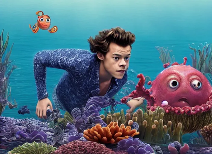 Image similar to film still of harry styles swimming with an octopus in the new finding nemo movie, 4 k