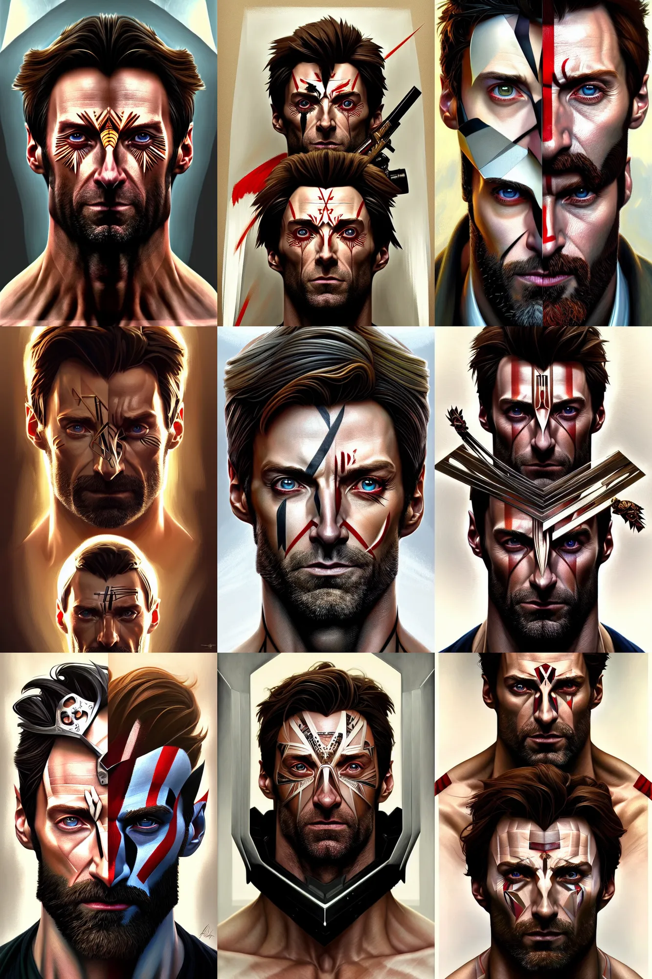 Prompt: symmetry!! portrait of hugh jackman in the boys in the style of god of war, machine parts embedded into face, intricate, elegant, highly detailed, digital painting, artstation, concept art, smooth, sharp focus, illustration, art by artgerm and greg rutkowski and alphonse mucha, 8 k