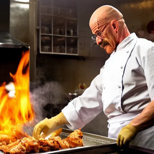 Prompt: Walter White cooking chicken with Gust Fring