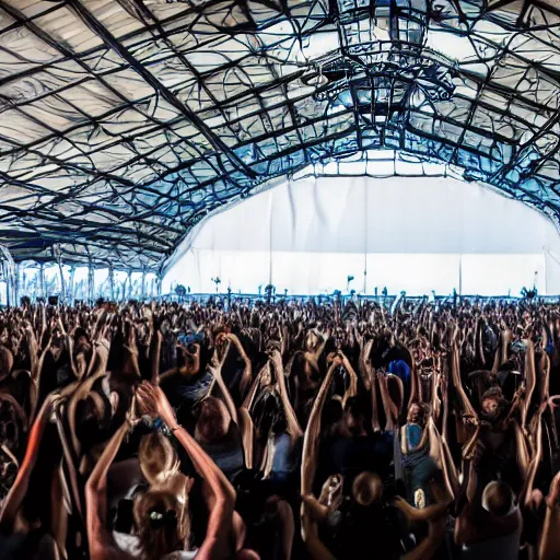 Prompt: rave at area 5 1. the main stage is located in a large aircraft hanger. shot on a sony a 7