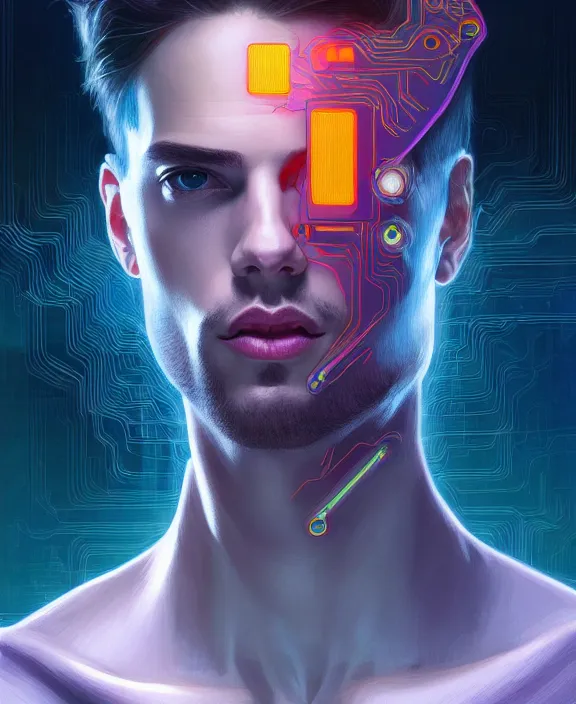 Image similar to a whirlwind inside the metaverse, guy, male, man, hologram, half body, neurochip, android, cyborg, cyberpunk face, by loish, d & d, fantasy, intricate, elegant, highly detailed, colorful, digital painting, artstation, concept art, art by artgerm and greg rutkowski and alphonse mucha