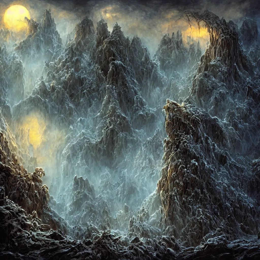 Image similar to haunted mountains of madness at night, upward cinematic angle, by rodney matthews, michael kaluta and bill sienkiewicz, ghostly darkness, thick lush winter atmosphere, stunning composition, screaming skull faces, intricate, dark eerie night color scheme, elegant, digital art, hyperdetailed, colorful hyperrealism, brilliant photorealism, horror, masterpiece, 4k